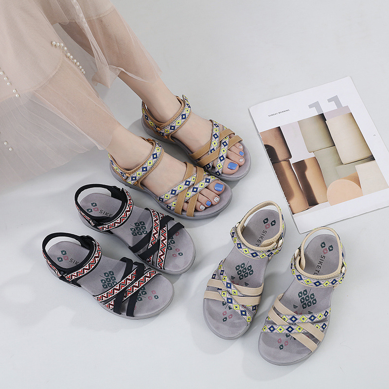 Spring and summer comfortable sport printed velcro large size flat women's sandals