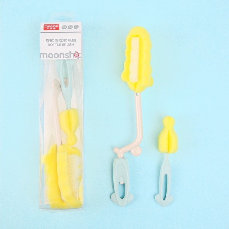 Bộ 2 Cọ Rửa Bình Sữa, Núm Ty Mút Xốp Xoay 360 Độ Moonship