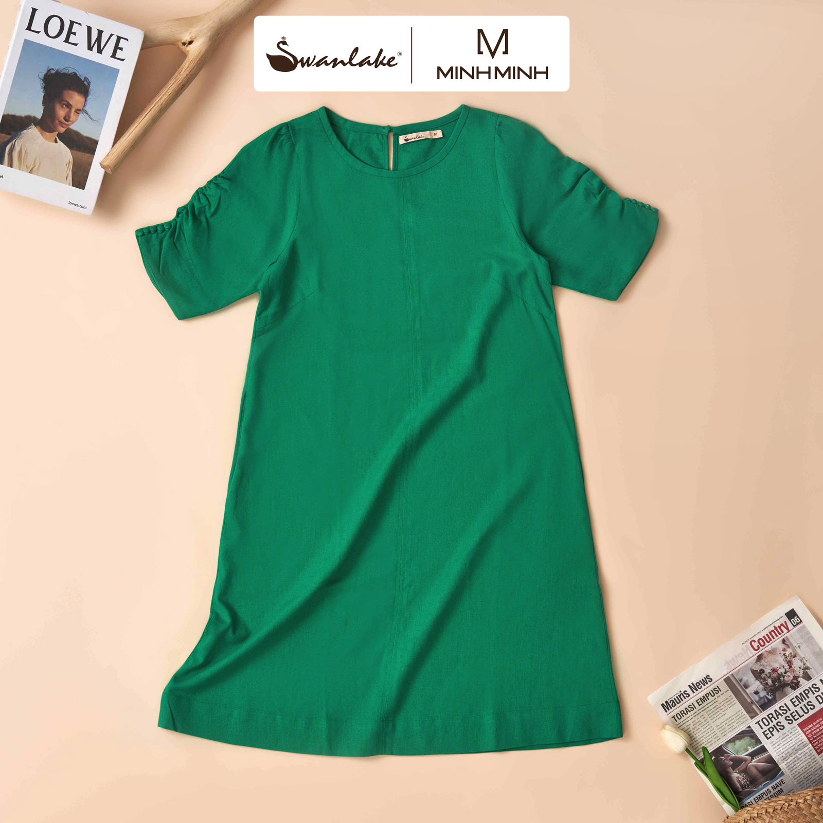 Swanlake | đầm trung niên phom suông tay rút nhún nút bọc vải linen tưng - d11008lw01