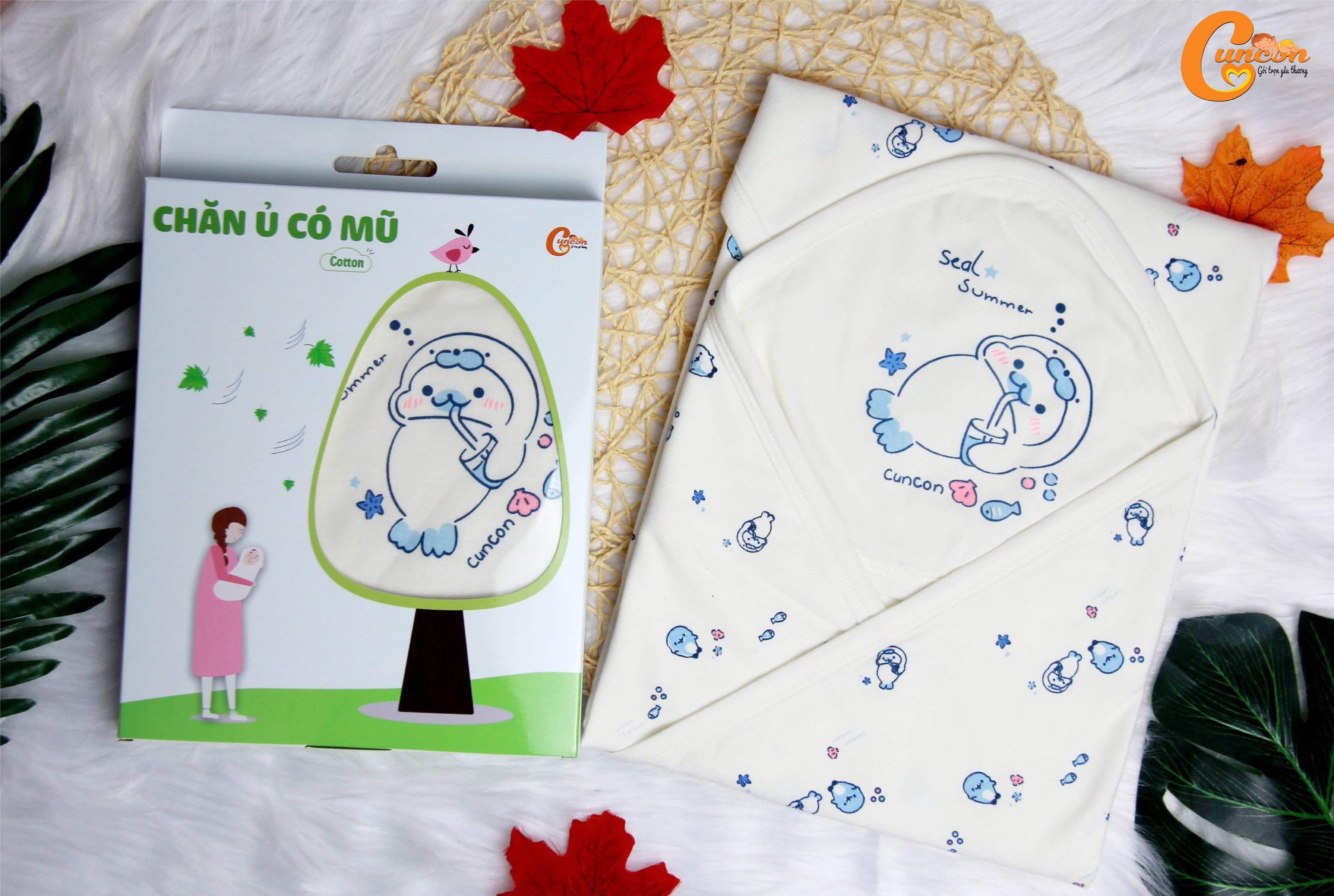 (KT 75x78cm) KHĂN Ủ CHOÀNG SƠ SINH CÓ NÓN CHO BÉ - HIỆU CÚN CON