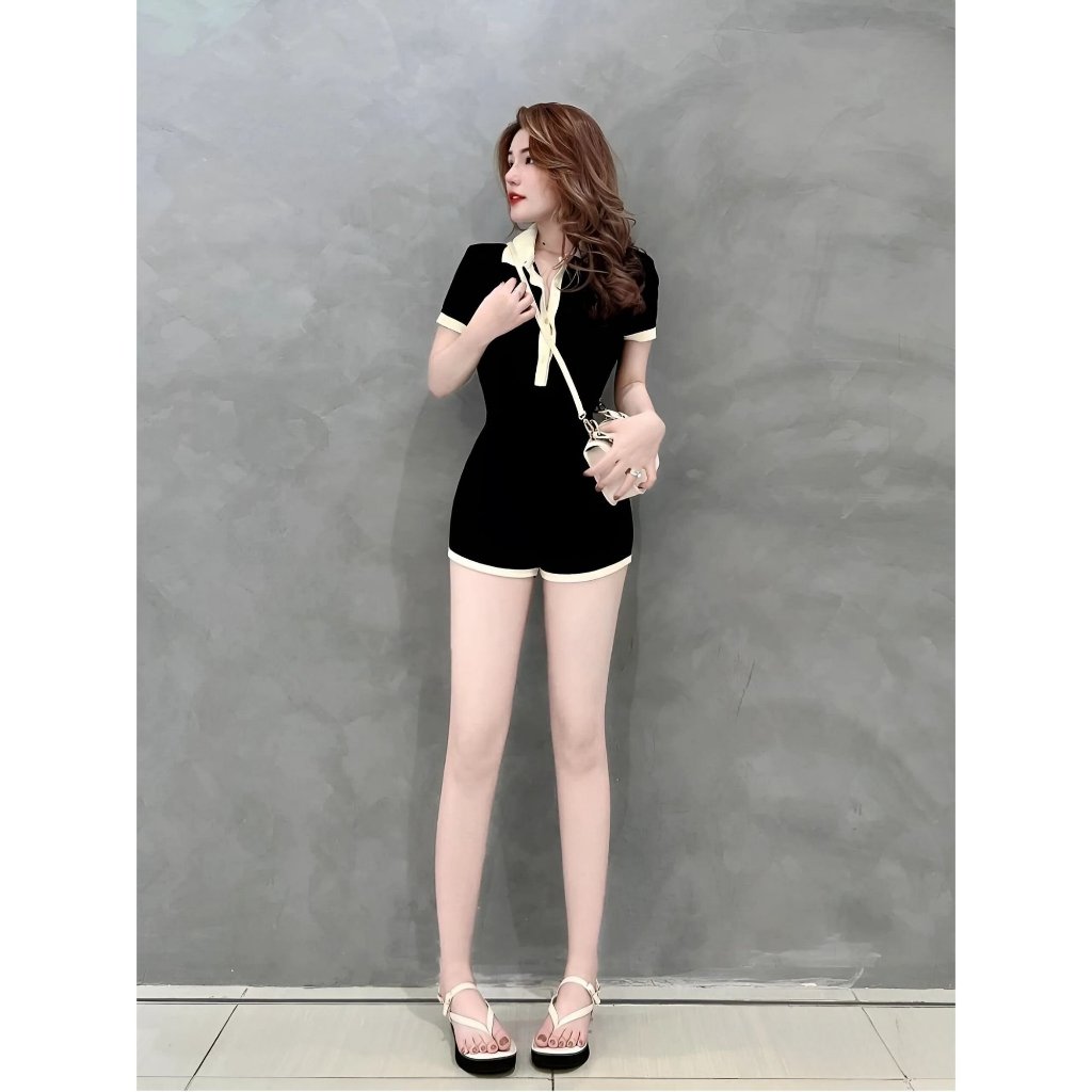 DIVA Beveda Jumpsuits Cổ Bẻ Phối Màu Cài Nút Tay Ngắn