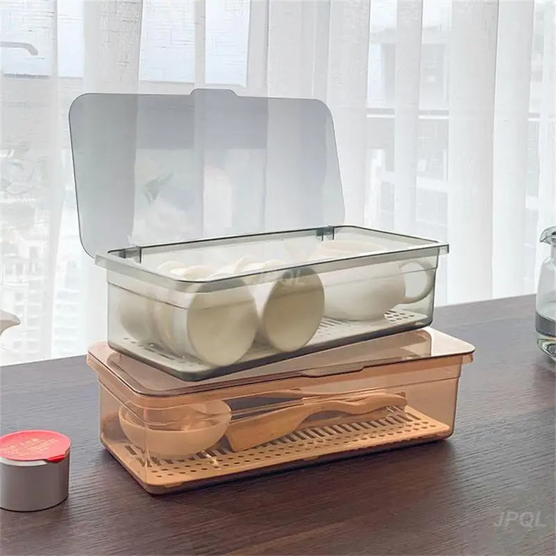 KS Tea set storage box double-layer desktop dust-proof storage box with lid kitchen chopstick storage box drain rack tray