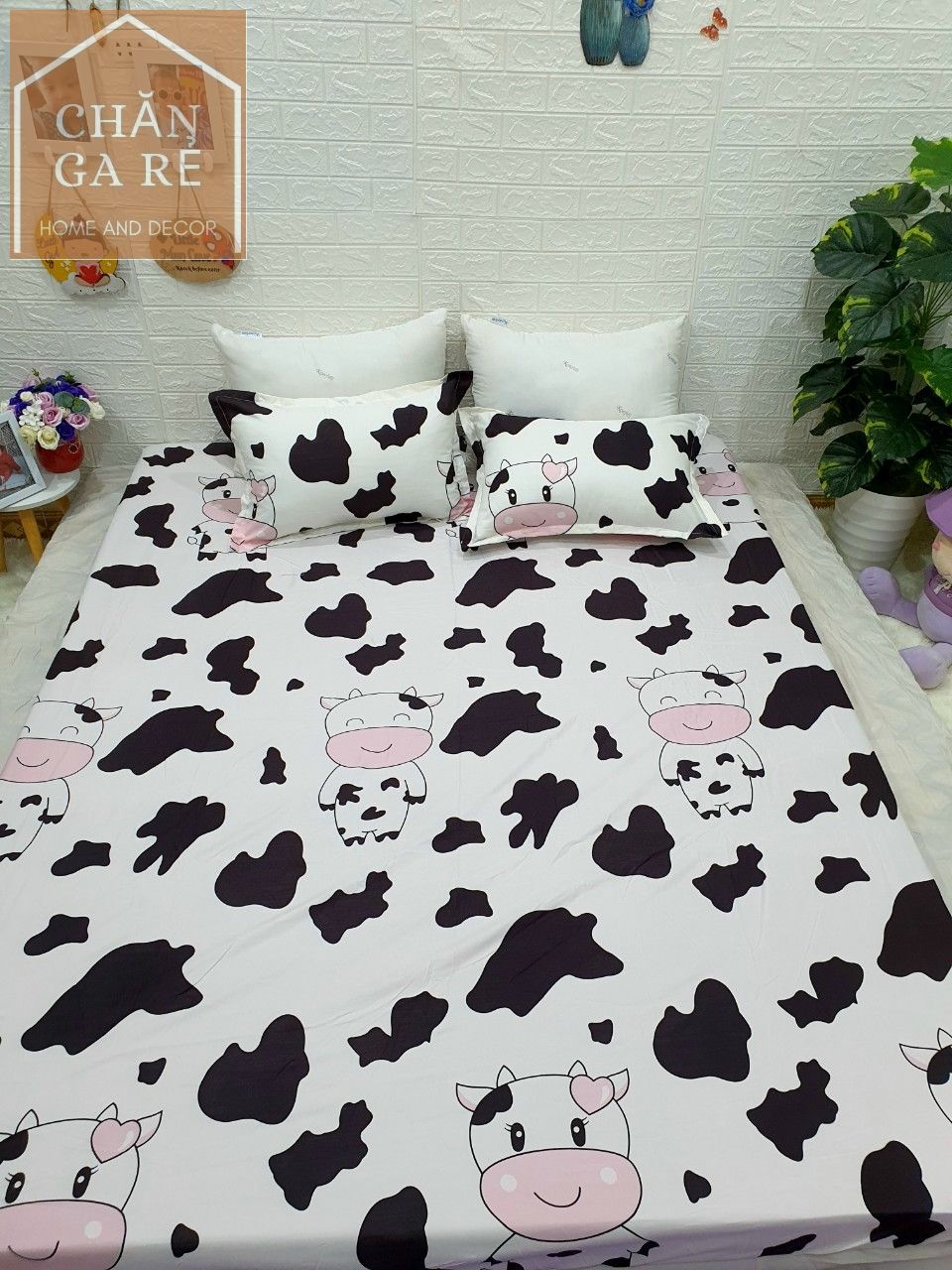 Bộ Chăn Ga Cotton Poly Bò Sữa Trắng 1M6 x 2M ( 1 Drap + 2 Vỏ Gối Nằm + 1 Chăn Hè + 1 Vỏ Gối Ôm )