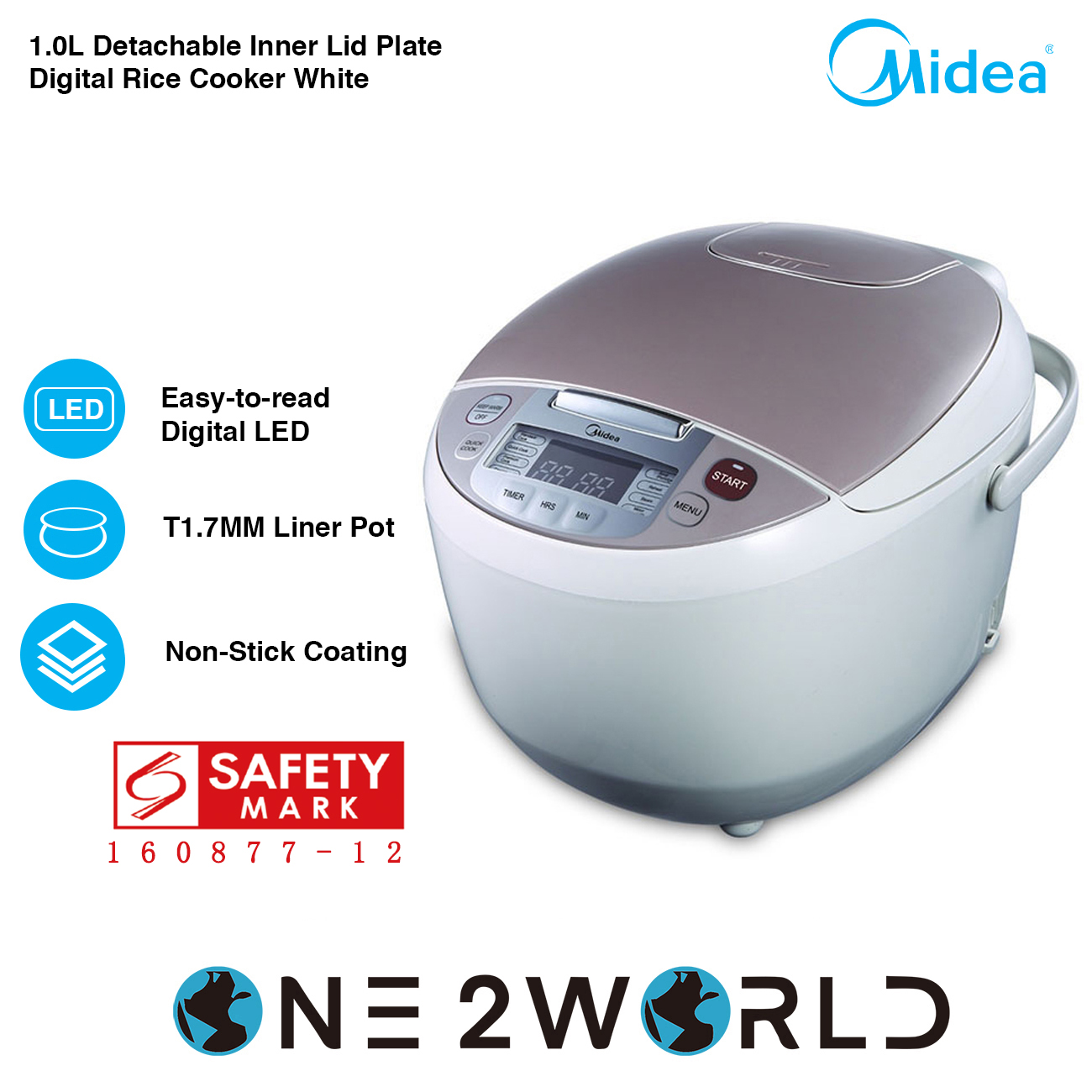 Midea 1.0L Detachable Inner Lid Plate Digital Rice Cooker White,MMR3018