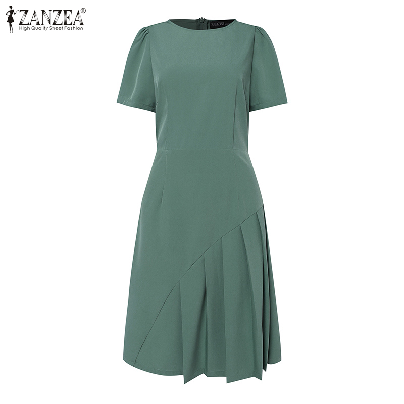 ZANZEA%20Korean%20Style%20Women's%20Dresses%20New%20Fashion%20Puff%20Short%20Sleeve%20Solid%20Back%20Zipper%20Elastic%20Waist%20A-Line%20Dress%20-%20Image%206