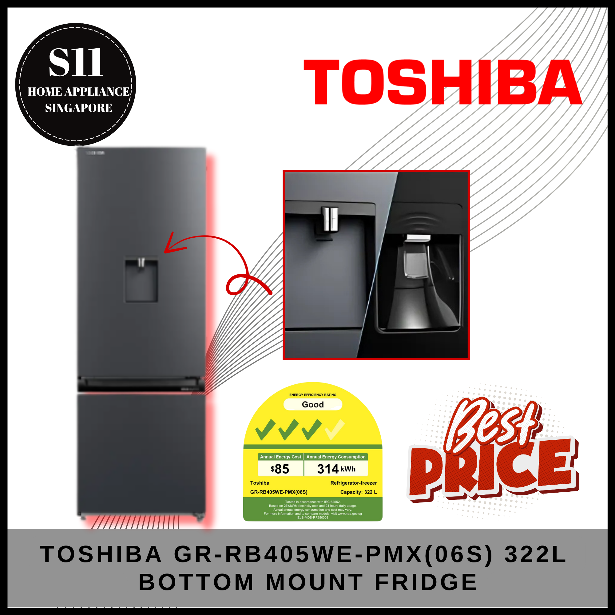 TOSHIBA GR-RB405WE-PMX(06S) 322L 2 DOOR BOTTOM MOUNTED FRIDGE WITH