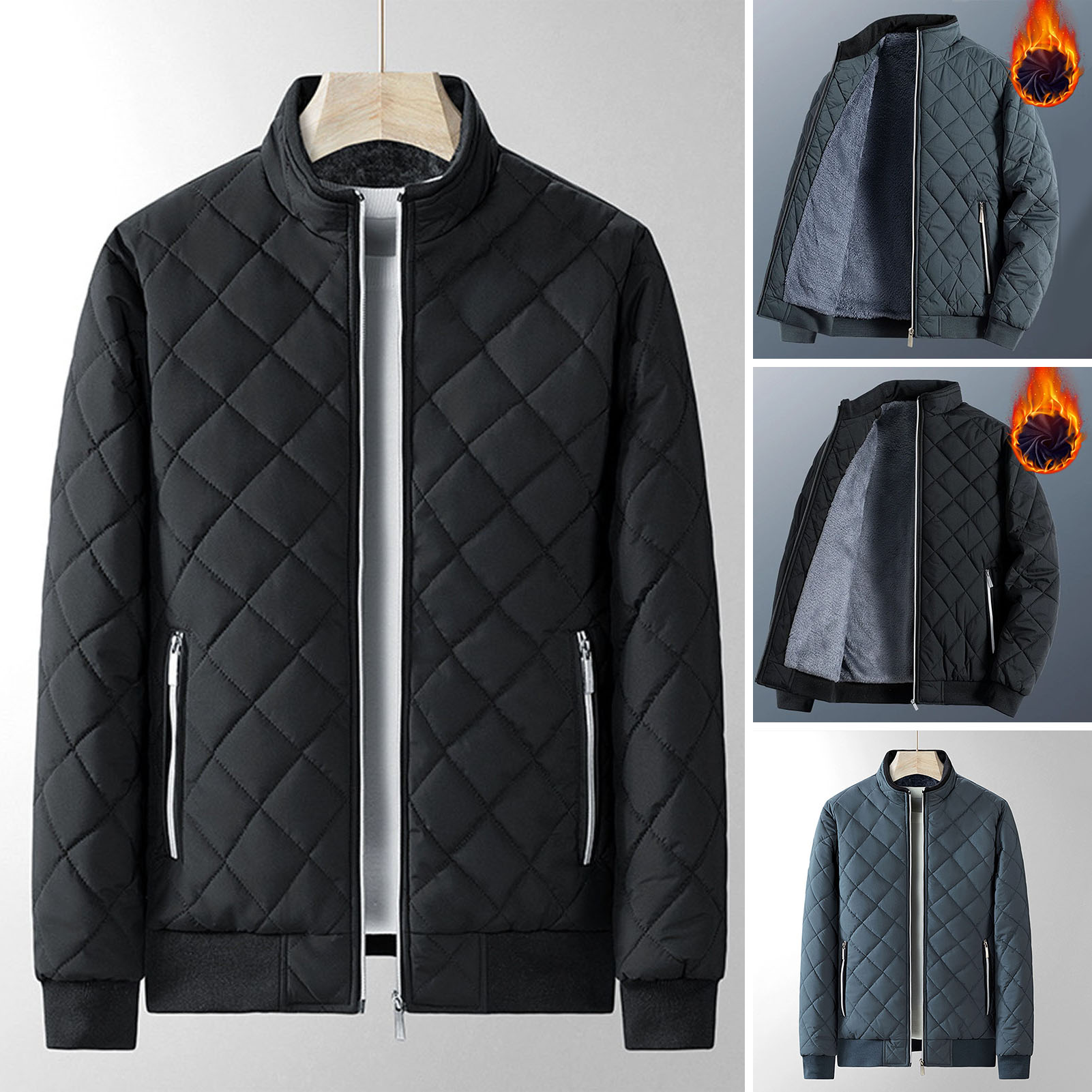 Yitu Men Thick Winter Coat Men Fleece Lining Padded Jacket Men's Rhombus Embossed Jacket with Fleece Lining Slim Fit Coat for Autumn/winter