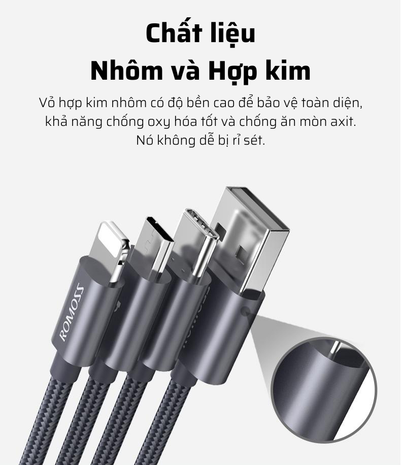 Cáp sạc Romoss, cáp sạc 3in1 CB25A cổng sạc Type-C Lightning Micro USB dây dài 2m