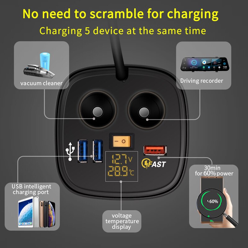 ZZOOI Fast QC3.0 USB Cup Holder Car Charger Adapter  Voltmeter 12V Socket Display Temperature Waterproof power switch