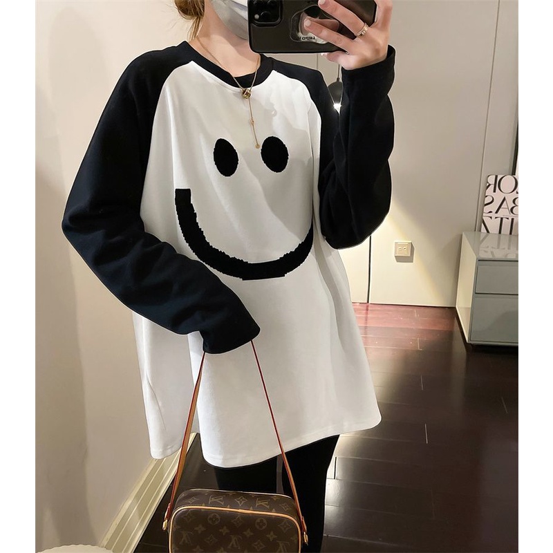 [Plus Size] (40-100kg) Áo Thun Tay Dài Oversized Cổ Tròn Cho Nữ