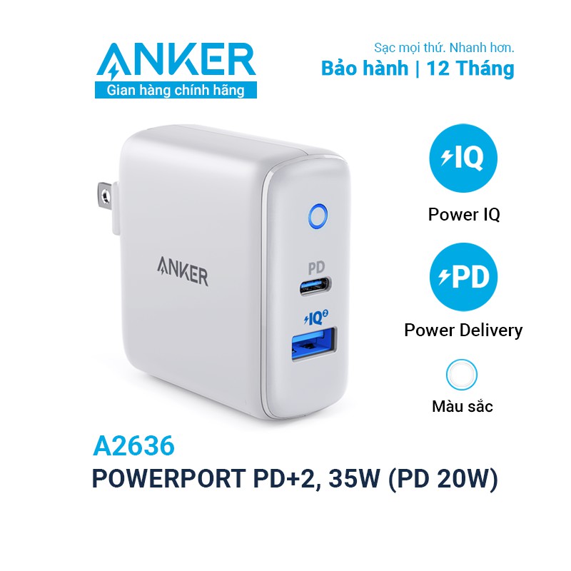 [Chính hãng] Củ sạc Anker PowerPort PD+2 35W (USB C PD, PowerIQ2.0) A2636