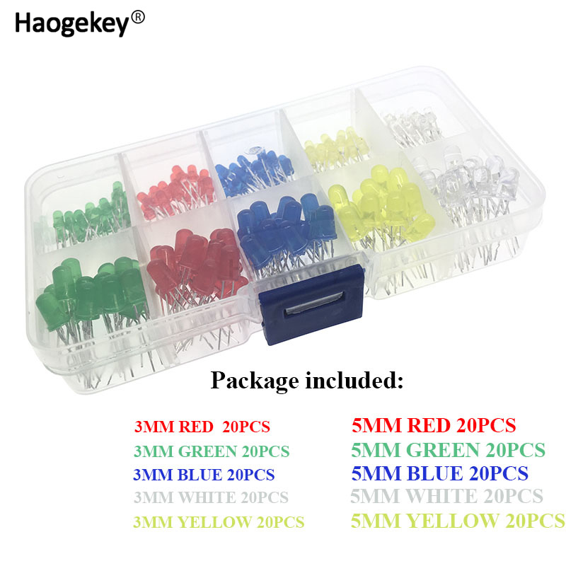 200pcs/lot 3mm 5mm led kit with box mixed 5 color red green yellow blue white light emitting diode assortment 20pcs each