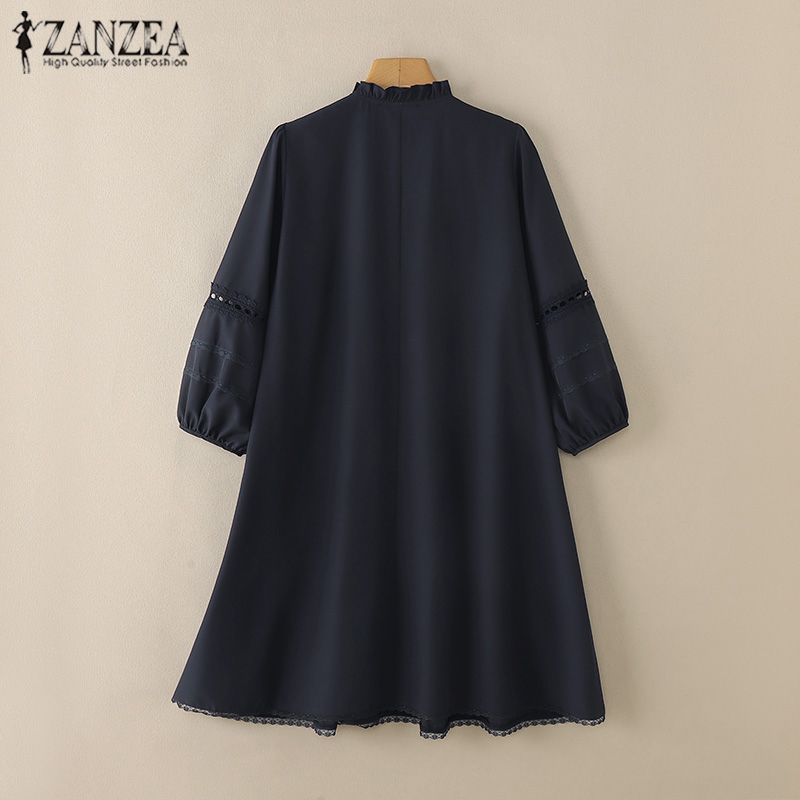 ZANZEA%20Women%20Vacation%20O%20Neck%20Tassel%20Lace%20Up%20A-Line%20Dress%20Lace%20Splicing%203/4%20Lantern%20Sleeve%20Solid%20Midi%20Dresses%20-%20Image%206