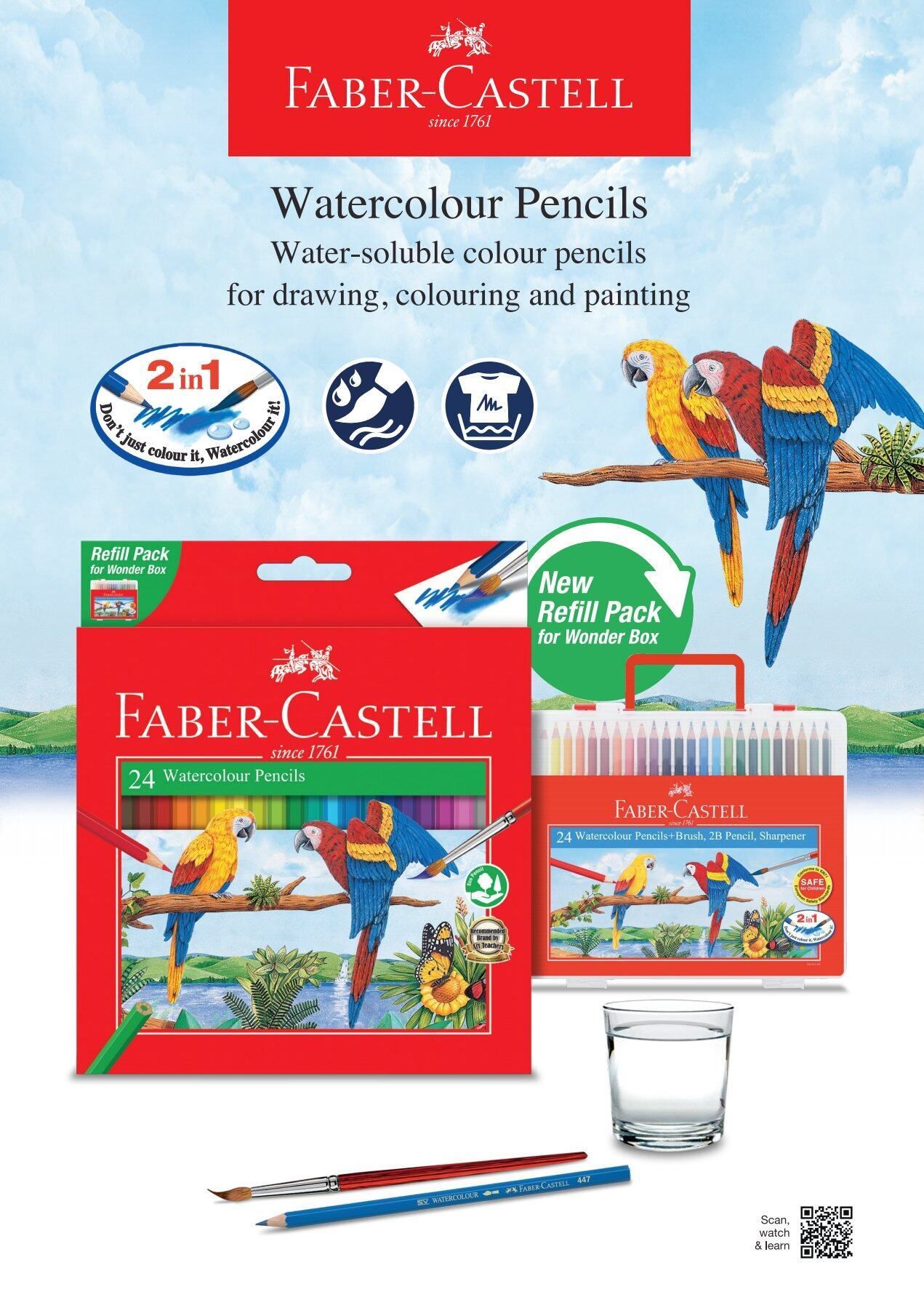 Faber-Castell - 24 Water Colour Pencils + Brush, 2B Pencil