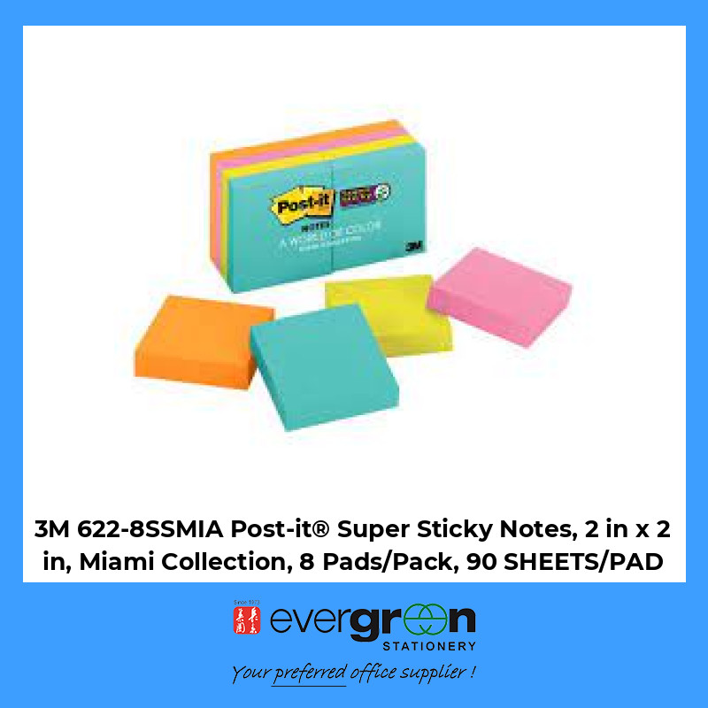 Post-it® Super Sticky Notes, 2 in. x 2 in., Miami Collection, 8 Pads/Pack,  90 Sheets/Pad