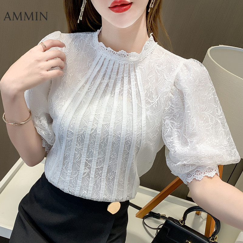 AMMIN 2023 summer new Korean style wild lantern sleeve round neck sweet and elegant blouse women's short-sleeved embroidered crochet hollow lace shirt female ins tops