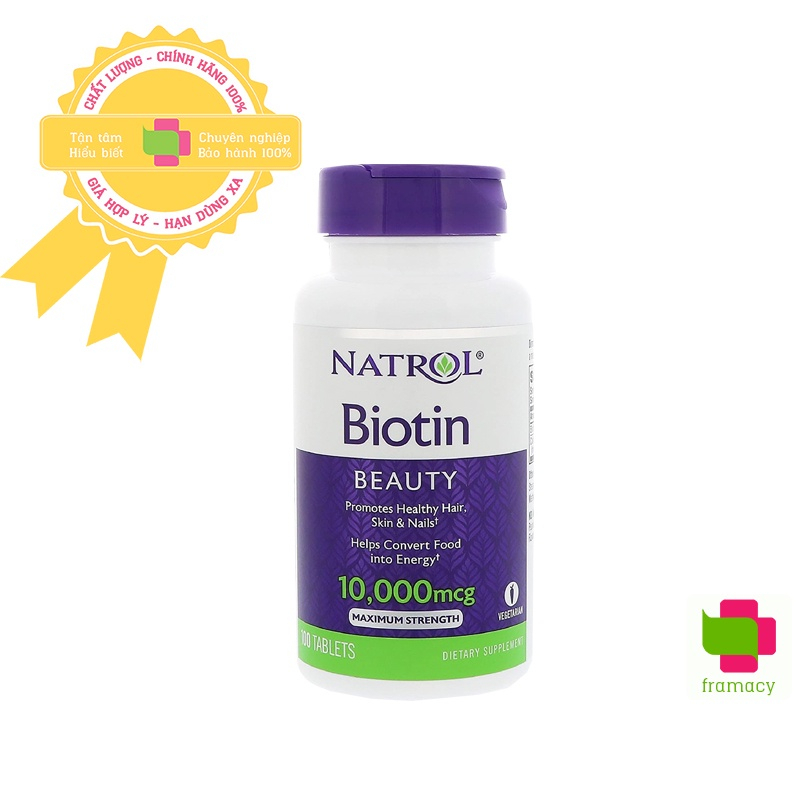 Viên uống Natrol Biotin 10000mcg, USA hỗ trợ mọc tóc, giúp móng khỏe cho người trên 12 tuổi chính hãng