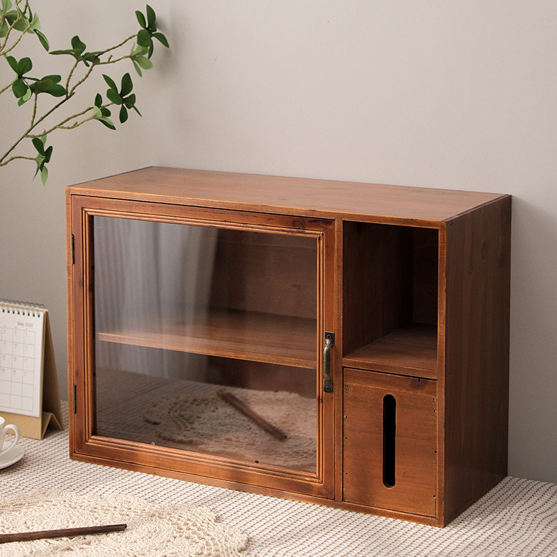 Storage rack with tissue box retro double-layer wooden tea set desktop storage box cup dust-proof cabinet
