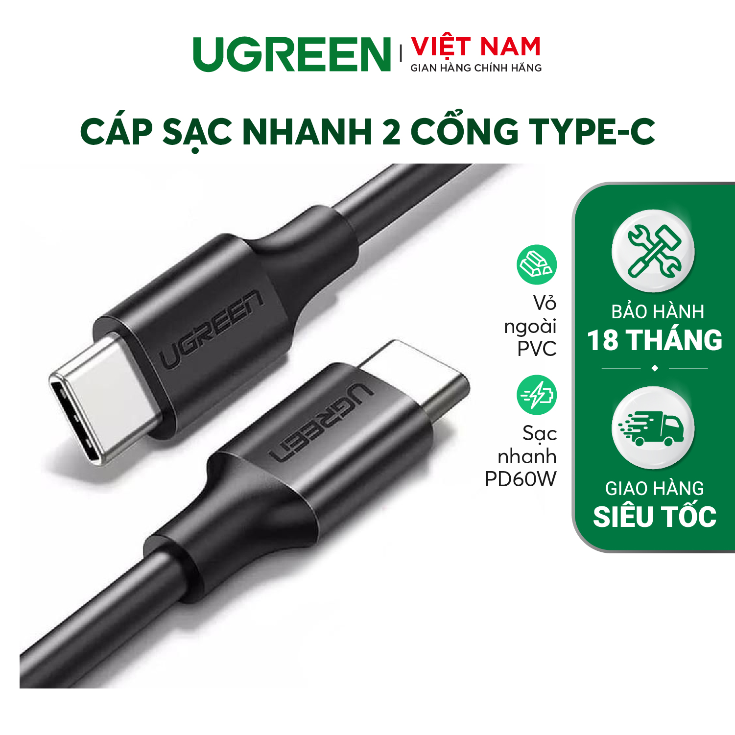 Cáp sạc nhanh Type C UGREEN US286 - Sạc nhanh dòng 3A, khả năng tương thích rộng, lõi đồng nguyên chất - Hàng phân phối chính hãng - Bảo hành 18 tháng 1 đổi 1