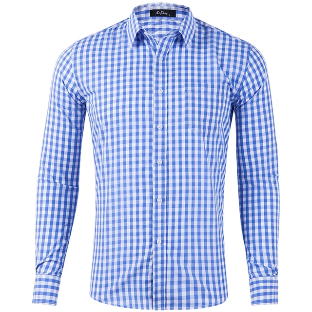 Mens Classic Gingham Plaid Cotton Casual Shirt Slim Fit Long Sleeve Button Down Dress Shirts Business Office Work Brand Shirt