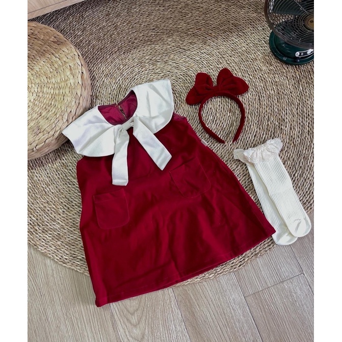 Váy đỏ nhung cổ nơ em bé nanci room