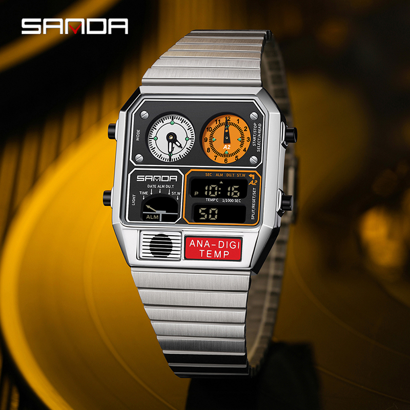 Sanda Retro Trendy Punk Dual Display Luminous Waterproof Electronic Quartz Men's Watch SD3192-1.