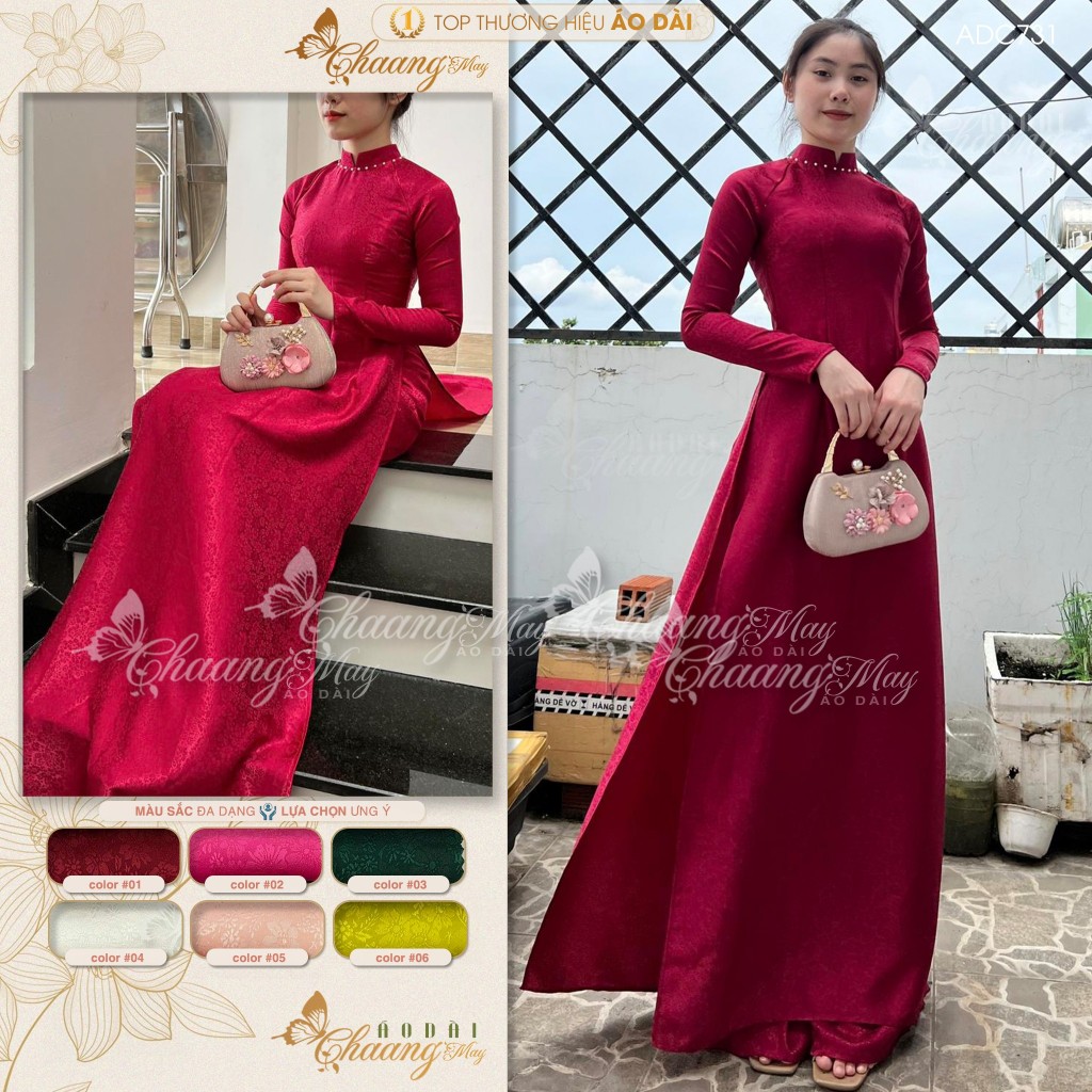 Áo dài gấm tơ đỏ đô tươi truyền thống Chaang may sẵn áo dài cô giáo trẻ trung niên dự tiệc cưới hỏi lễ tết đẹp ADC731
