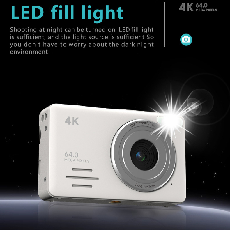 Compact 4K Ultra HD SLR Camera CCD Mini Digital Card Camera 64MP 18x Zoom Photo Video Recording Camera with LED Fill Light. 