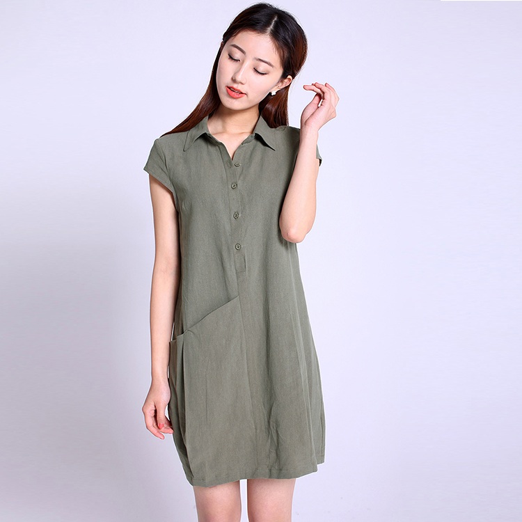 Đầm suông công sở chất đũi cổ sơ mi phối túi chéo