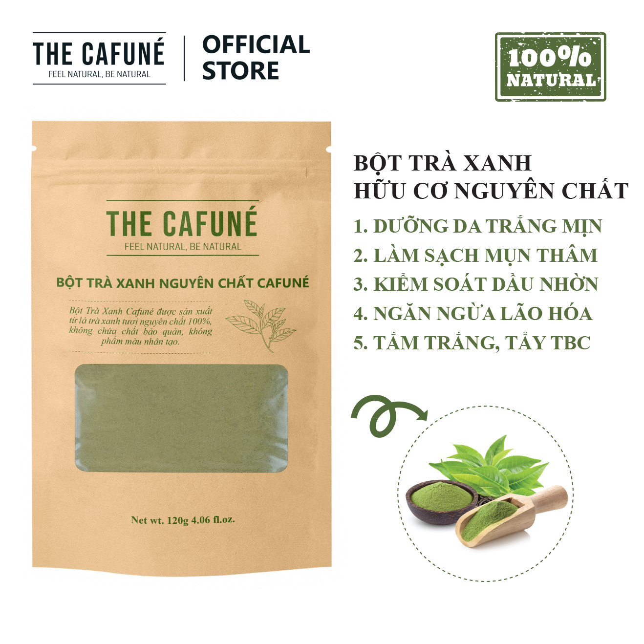 [60-120 Gram] Bột trà xanh Cafuné - hữu cơ nguyên chất 100%