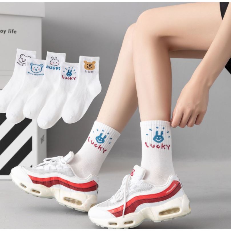 Combo 5 đôi tất nữ cổ cao Màu Trắng Mix Gấu Thỏ