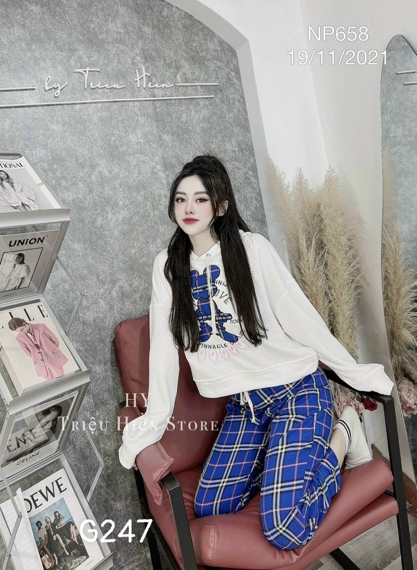 Bộ thun nữ quảng châu áo tay dài quần caro in chuột cao cấp thun tixi g247