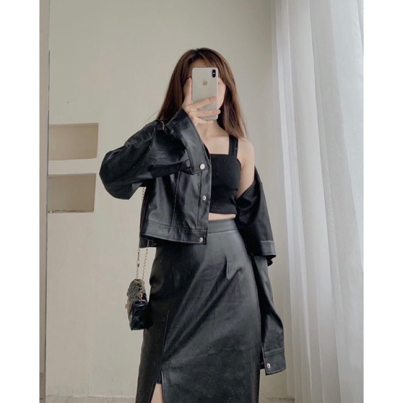 áo khoác da croptop nữ xinh