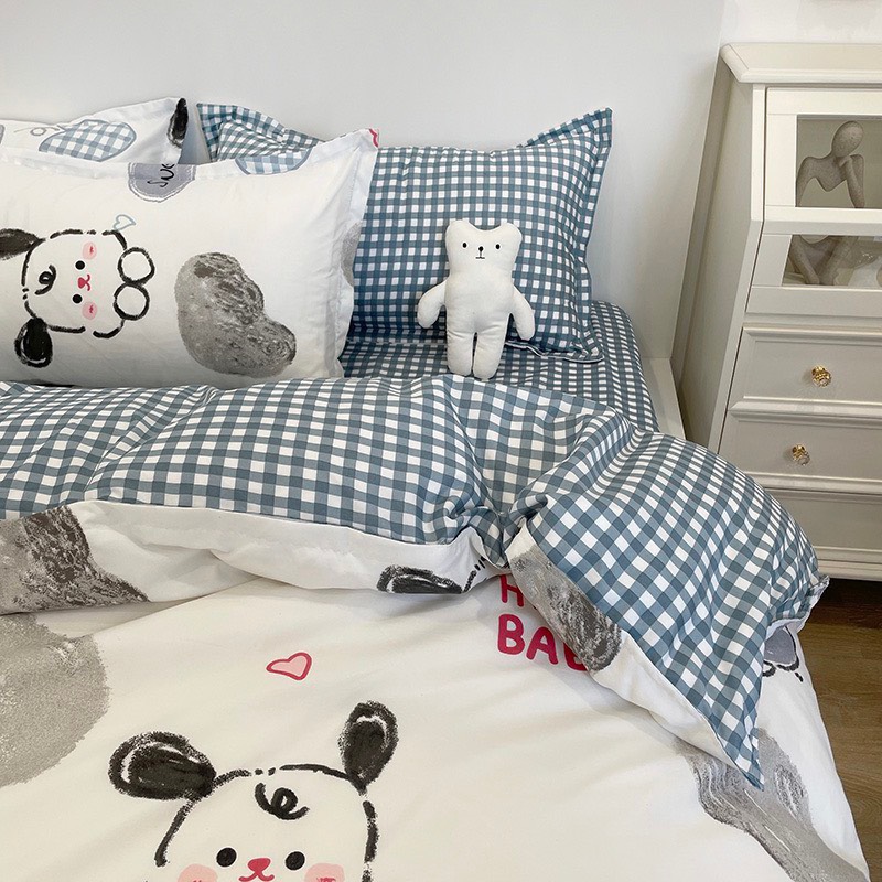 Chăn ga gối cotton poly - Mẫu gấu tim xanh