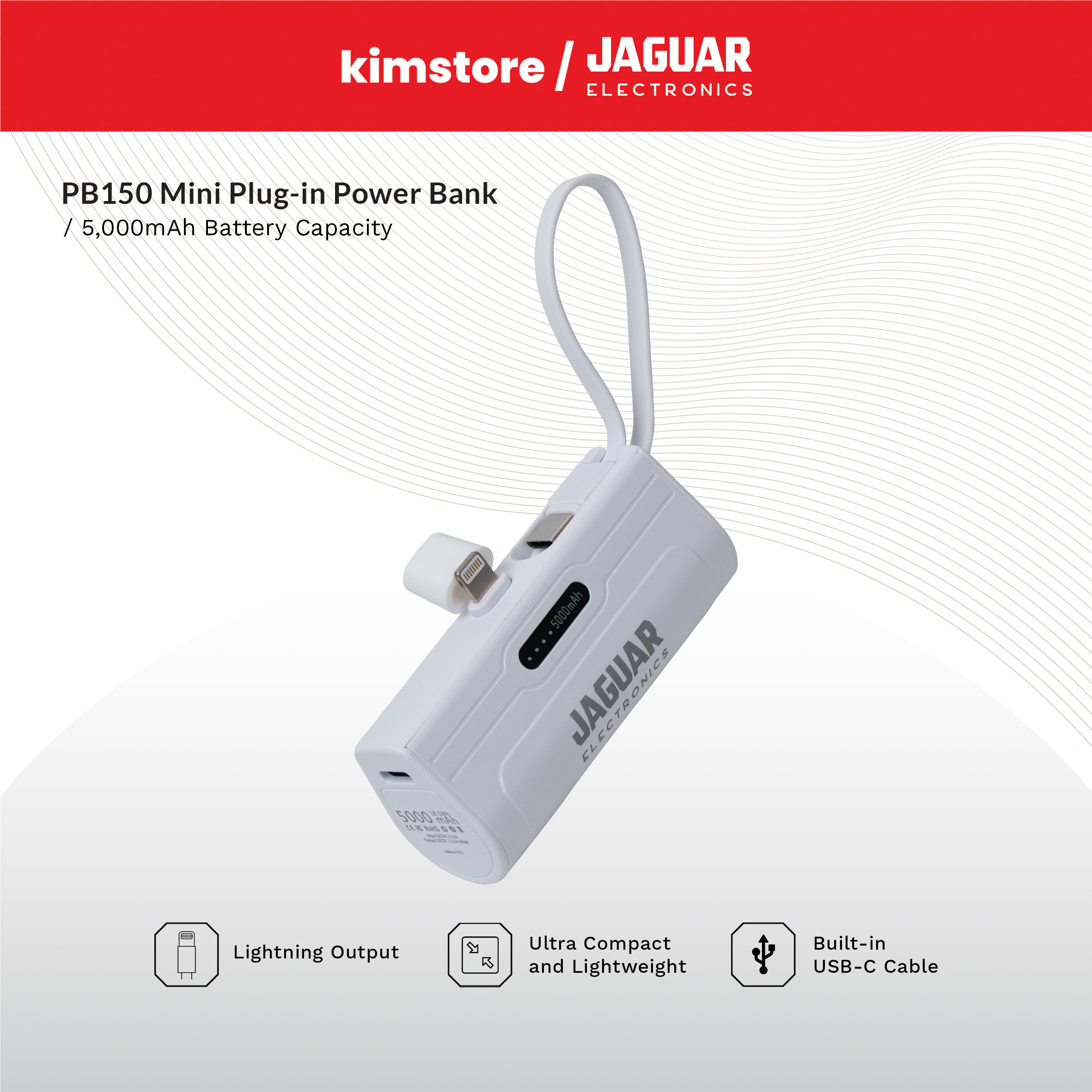 Jaguar Electronics Pb150 Mini-Plug In Power Bank 5000Mah Lightning