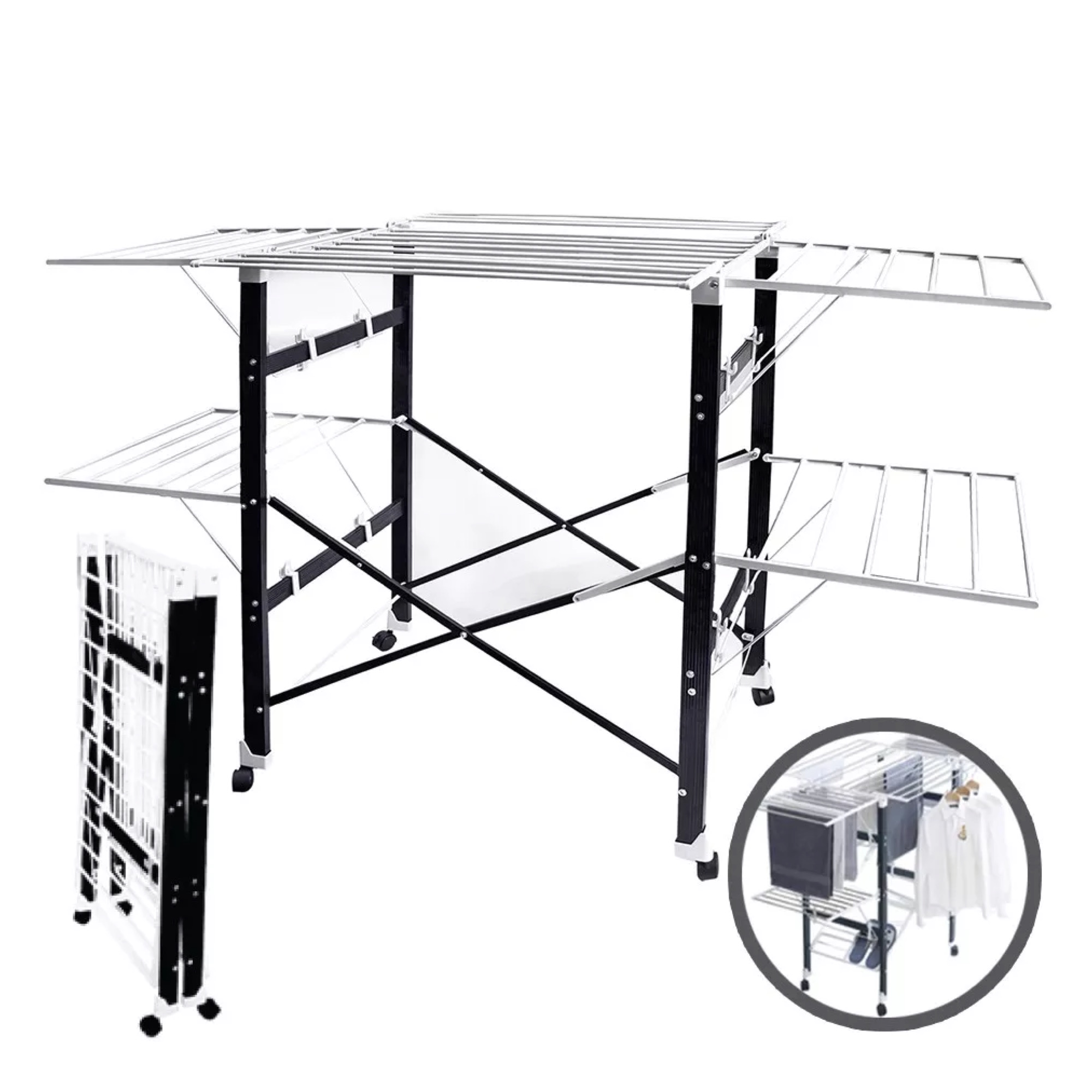 BR806 Stainless Steel Black & White 6 Fold Ultralight Drying Rack with Wheels Floor Moving