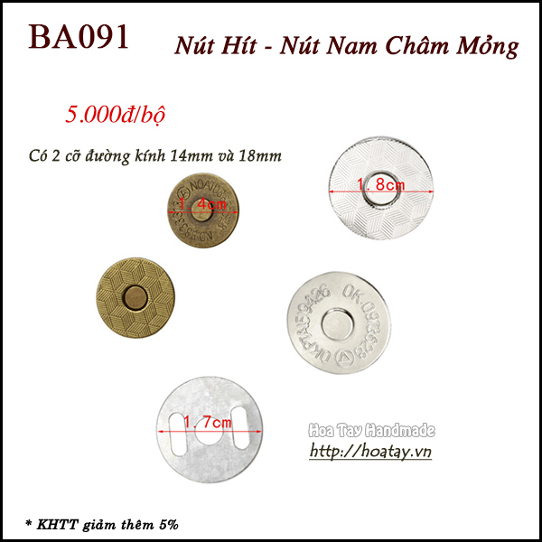 Nút Hít - Nút Nam Châm Loại Mỏng Siêu Chắc BA091 - Hoa Tay Handmade