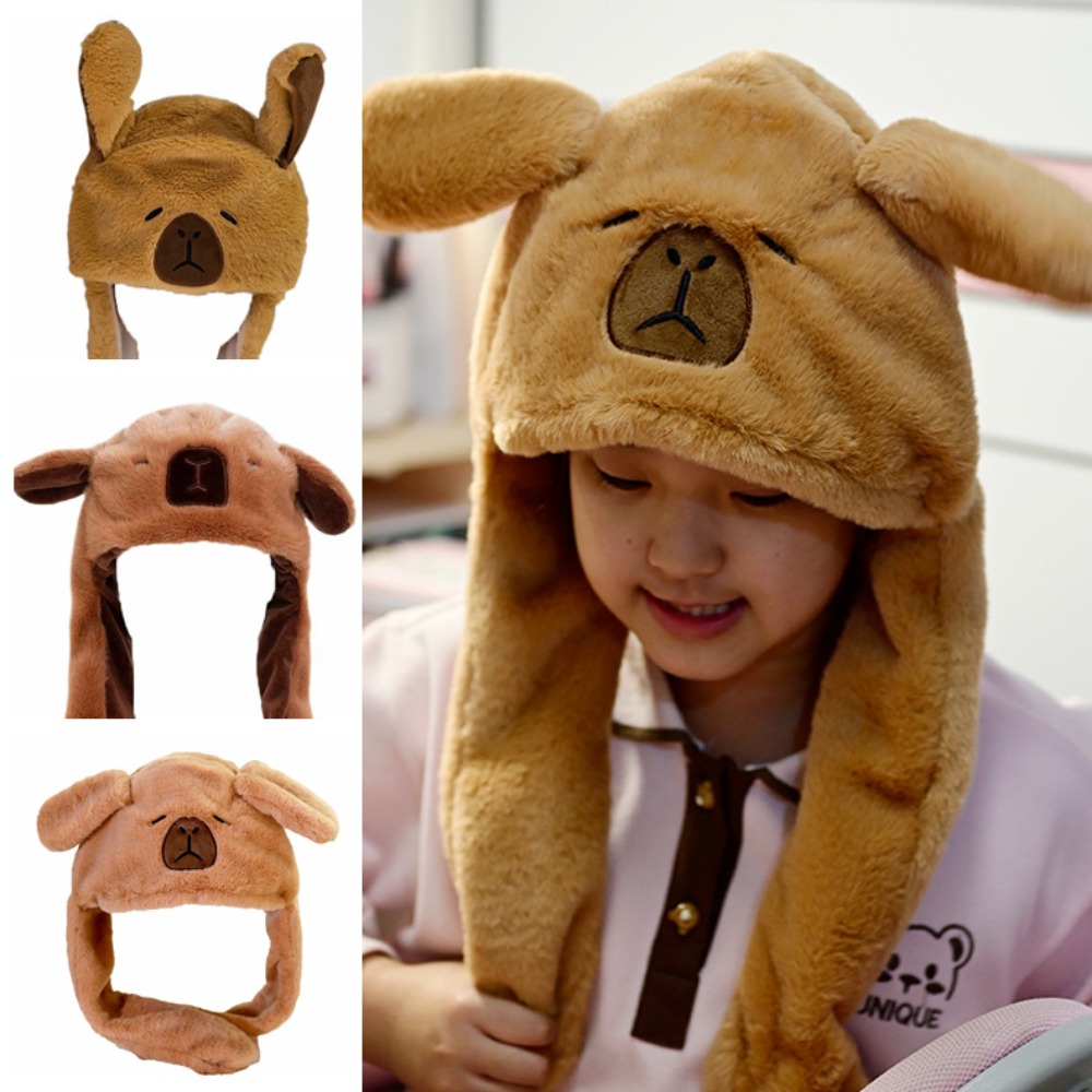 Kawaii Capybara Jumping Up Cap Animal Ear Plush Ear Moving Hat Soft ...