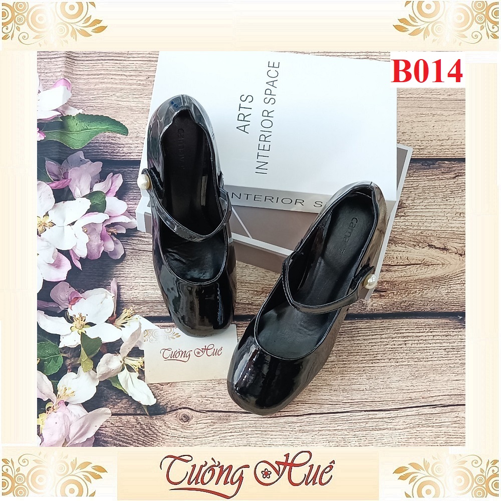 Giày búp bê da bóng mũi vuông quai ngang đính ngọc trai gót cao 6cm