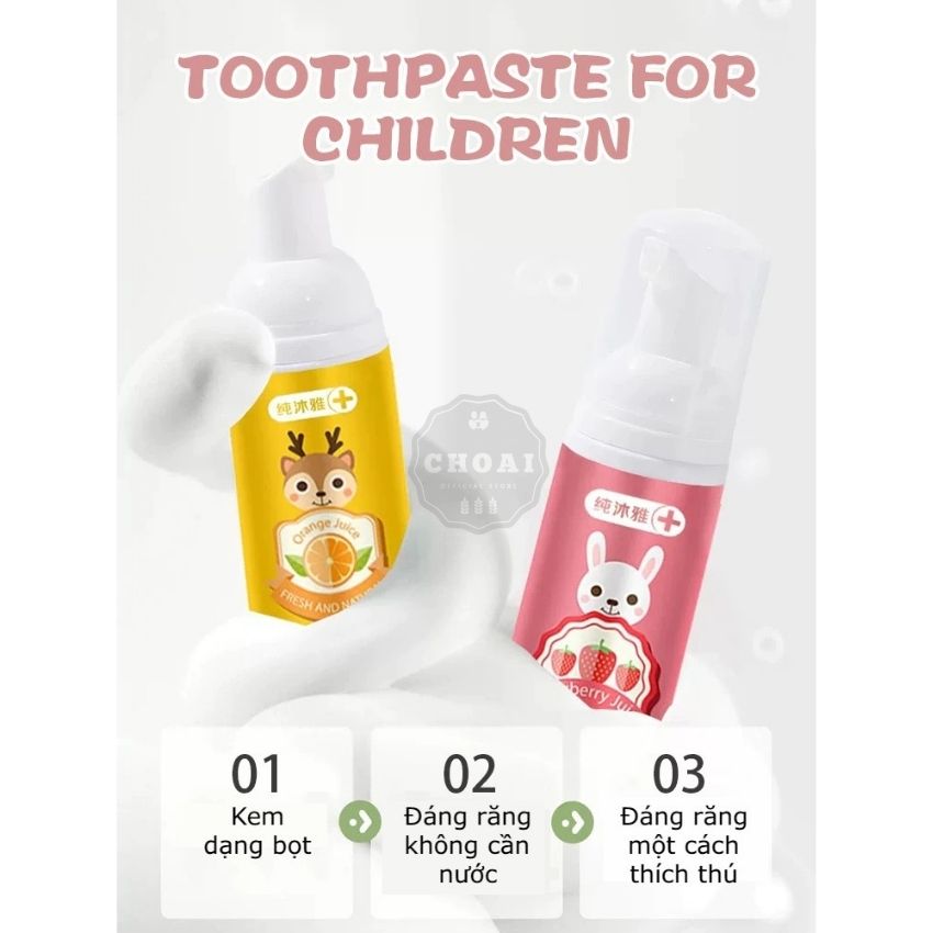 Kem Đánh Răng Cho Bé Dạng Bọt BAIMEISI 60ML Nuốt Được Chống Sâu Răng Hương Dâu và Hương Cam