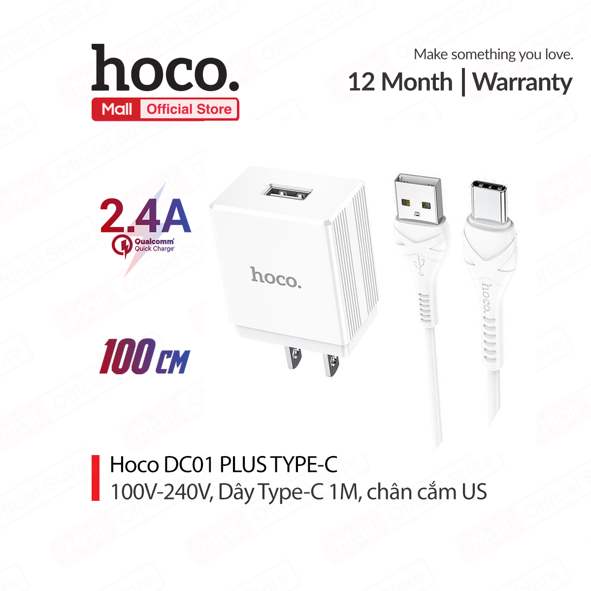 Bộ sạc 2.4a hoco dc01 plus chân dẹt 1 cổng usb kèm dây sạc dài 1m cho smartphone