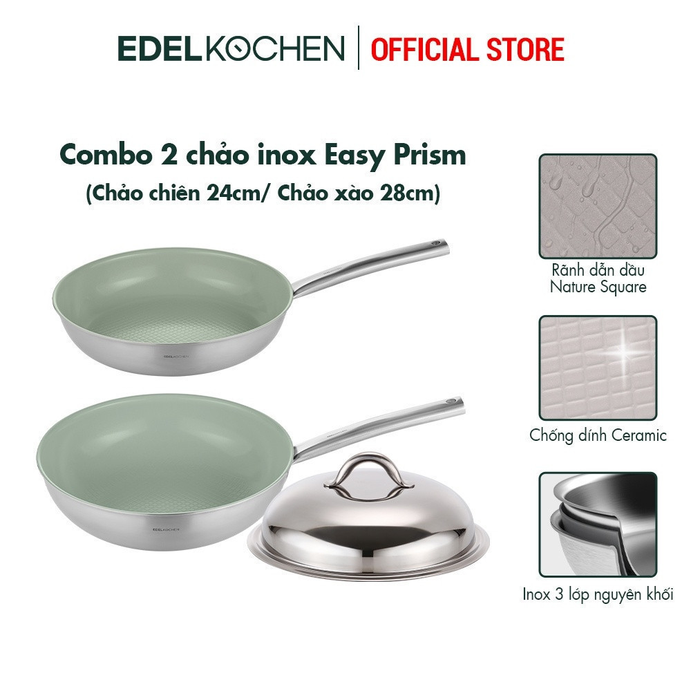 Combo 2 chảo inox Edelkochen Easy Prism - Màu Eco Green (Chảo chiên 24cm/ Chảo xào 28cm)