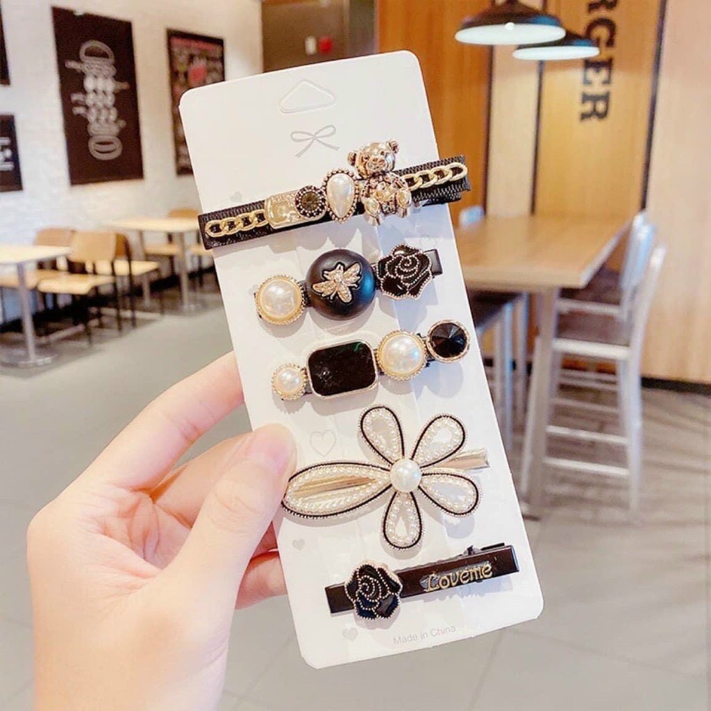 Set 5 kẹp tóc hoa đen