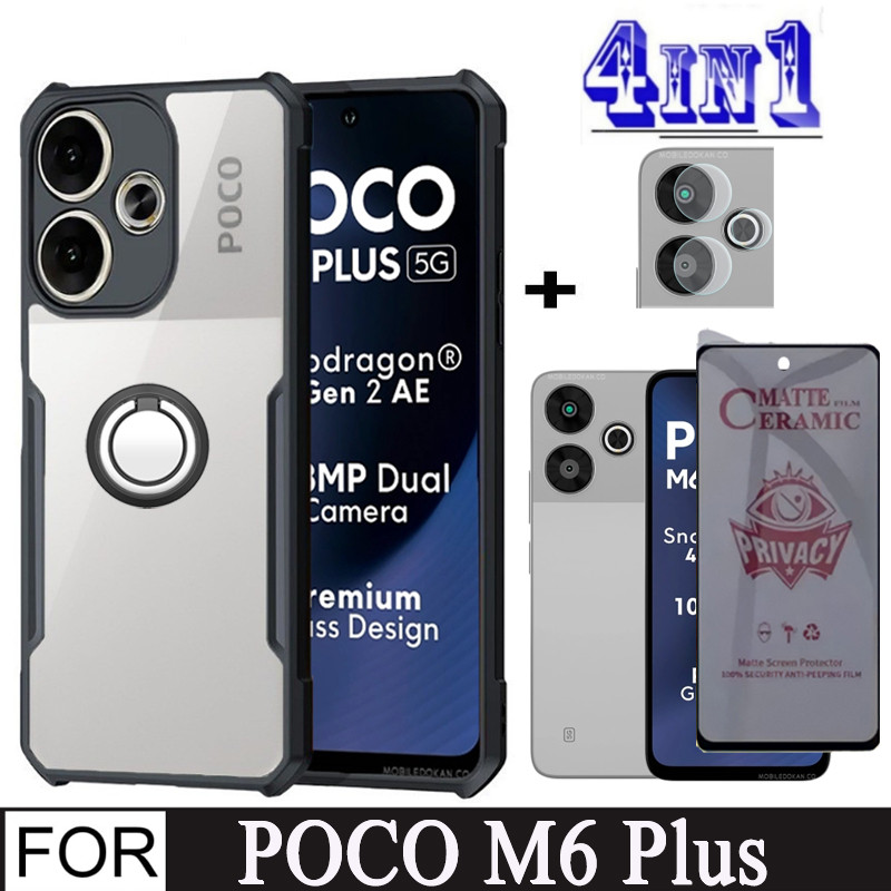 【Eco-friendly】 Poco M6 Plus Shockproof Phone Case for Poco C61 C65 M6 4G 5G 4 in 1 Camera Lens Soft Tempered Privacy Screen Protector and holder