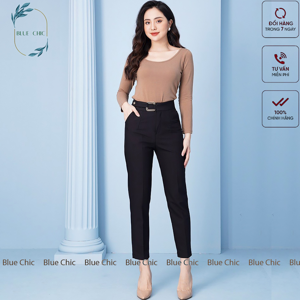 Baggy pants female blue chic nice quality fabric high grade baggy office belt recommend squares gold style personality black Brown