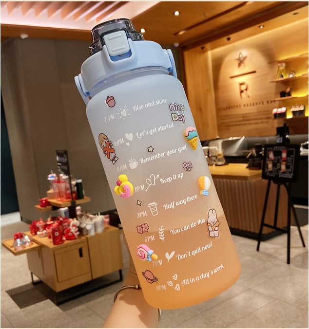 Bình nước 2 lít có giấy kiểm định vệ sinh an toàn thực phẩm, hóa đơn nhập khẩu dành cho người lười uống nước bình nước cute 2L có ống hút, vạch chia nhắc giờ