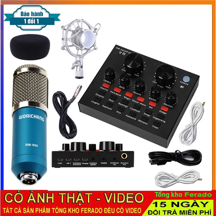 Bộ combo mic livestream hát karaoke card V8 có autotune micro BM900