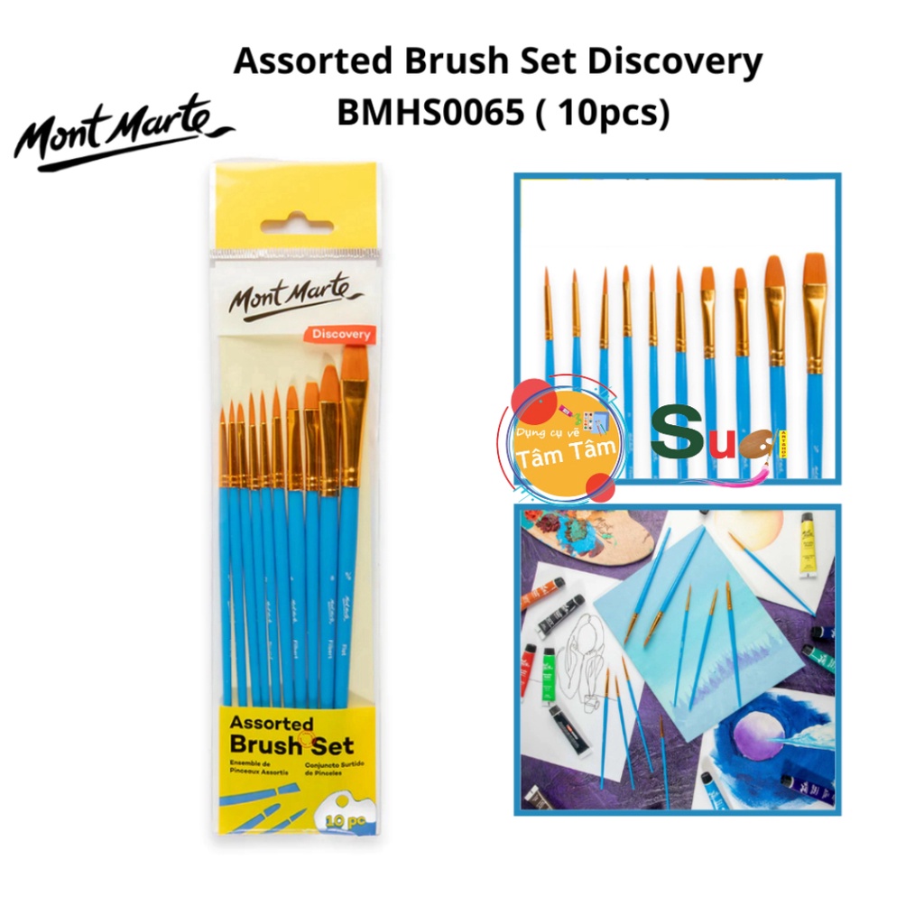 Bộ 10 cọ vẽ màu acrylic, màu nước sơn dầu assorted brush mont marte
