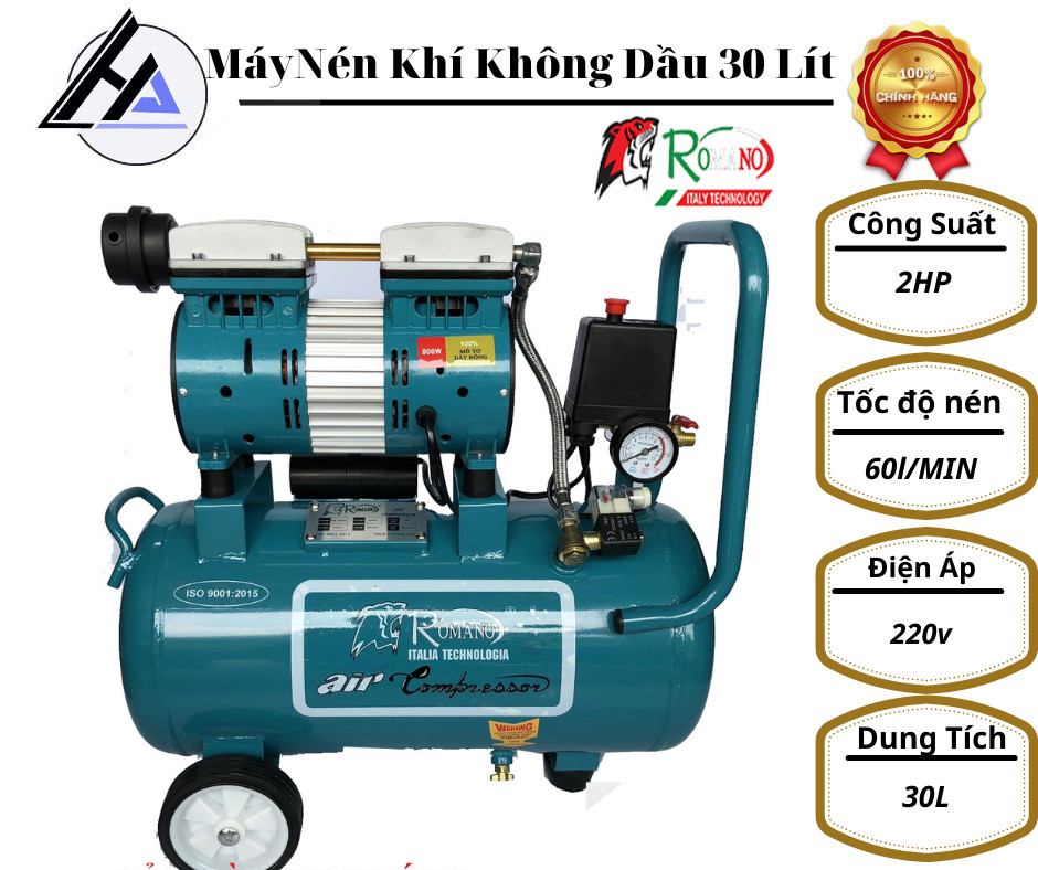Máy nén khí 30L ROMANO giảm âm không dầu -BH 12 Tháng-Tặng dây xoắn hơi và xì khô