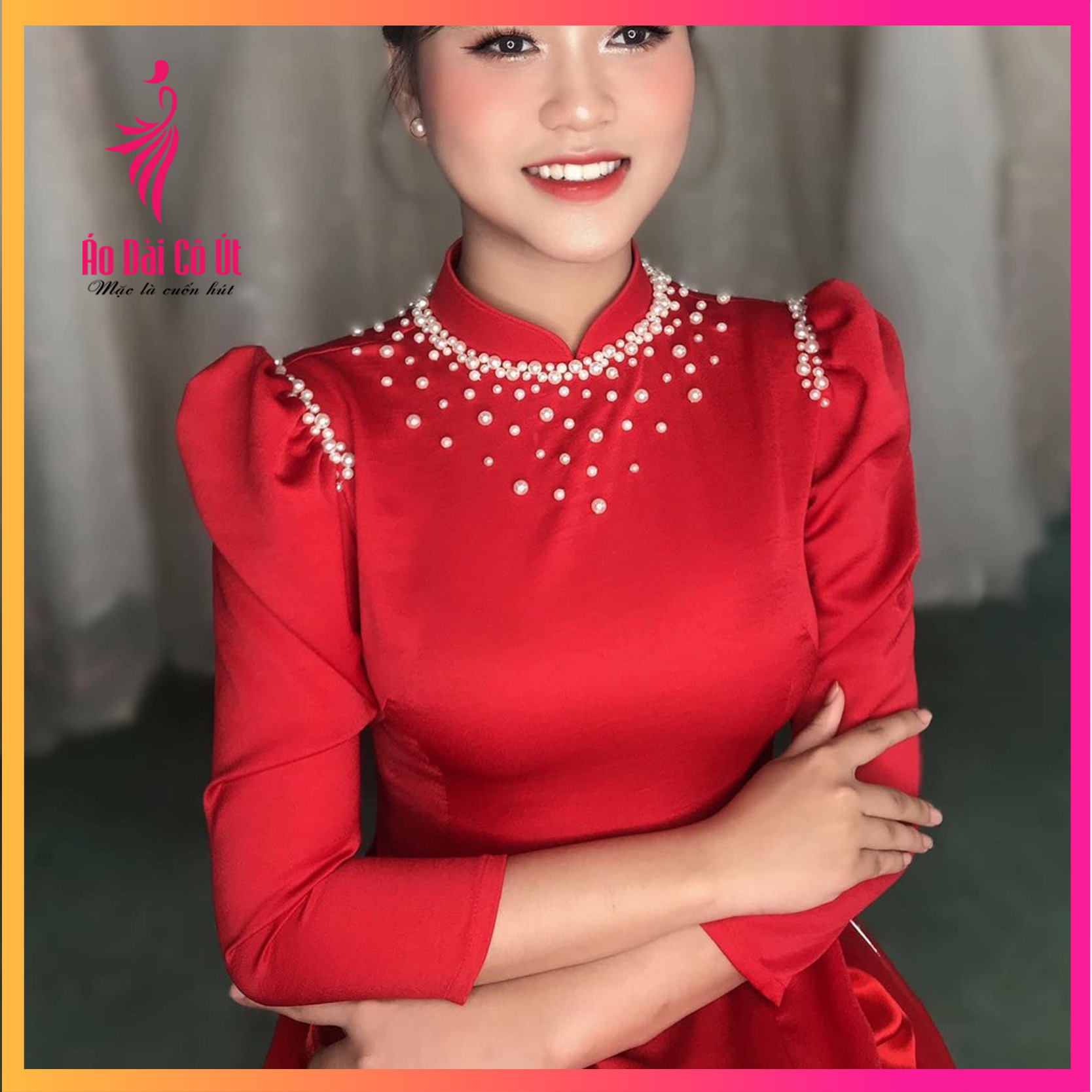 Áo dài đẹp tay bồng, vải lụa, đính ngọc cao cấp